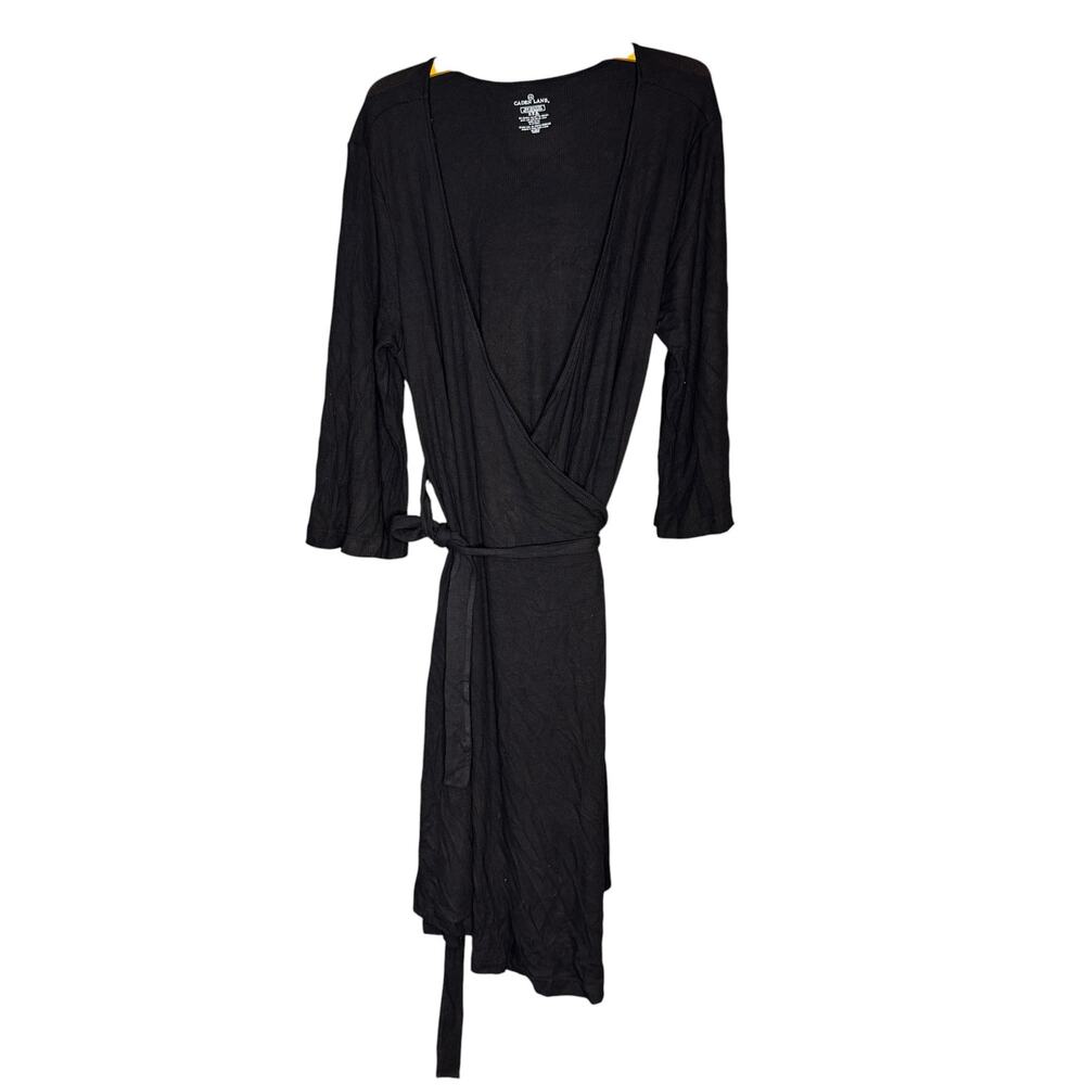 Caden Lane Black Bamboo Ribbed Robe Wrap Tie Waist Soft Lounge OS